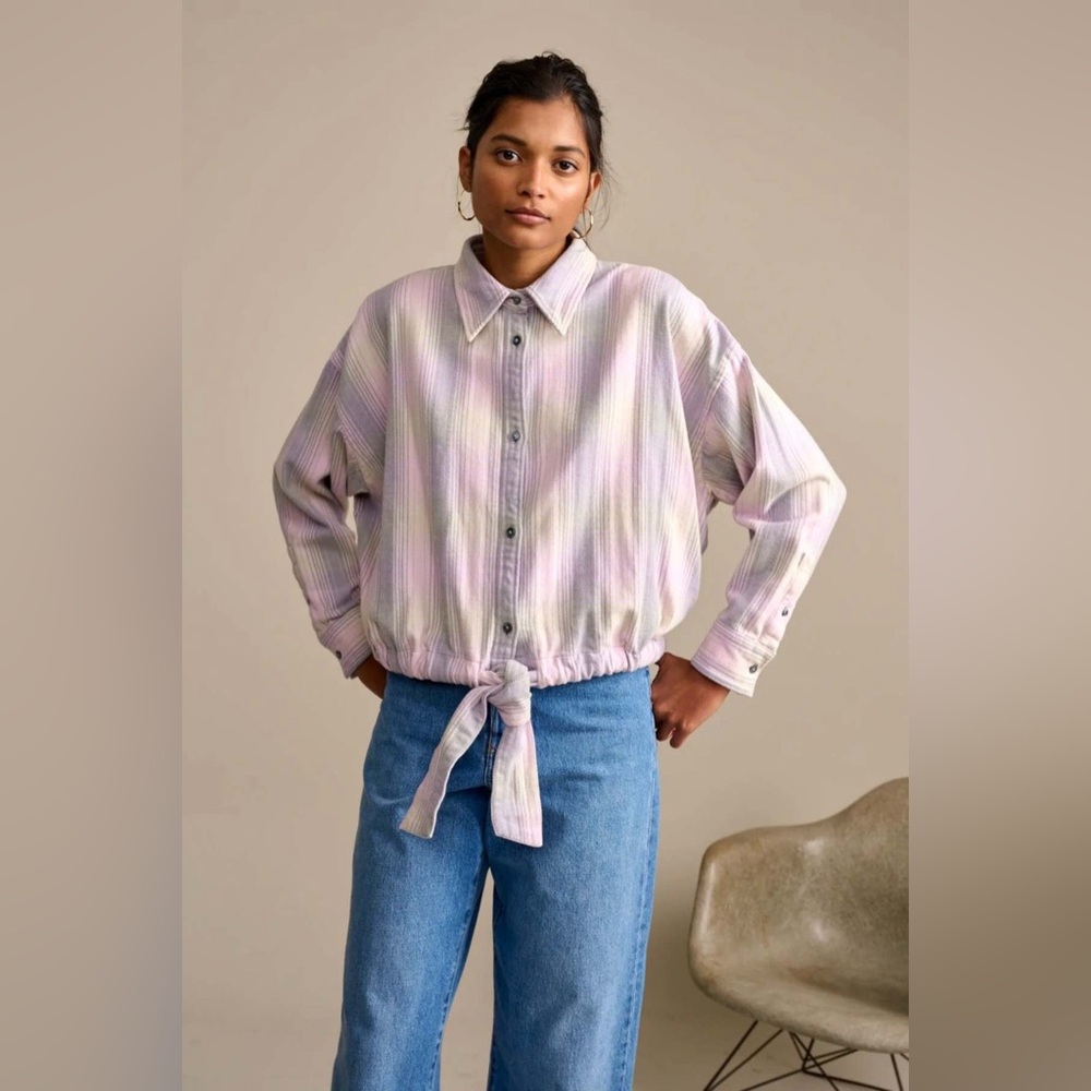 NEW Bellrose Striped‎ Cabincore Oversized Western Tie Front Shirt Size 0/XS